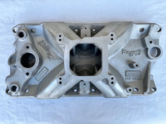 Used Early PAT PENDING Edelbrock TORKER 2725 Intake Manifold Small Block Chevy